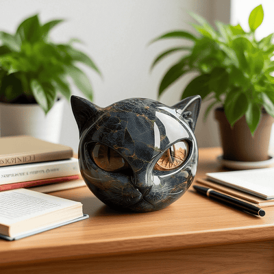 NyxCharm - Sculpture mystique de tête de chat noir